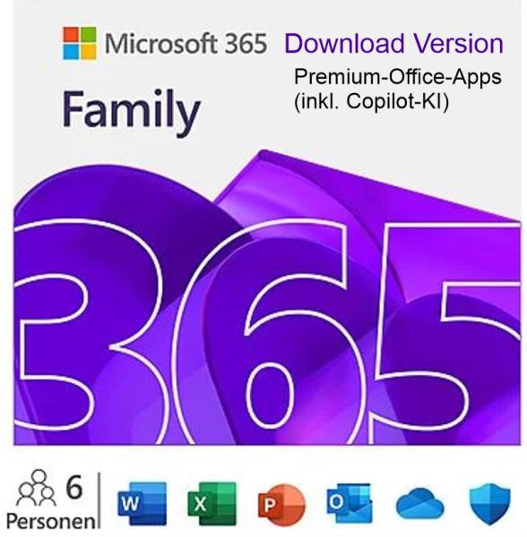 Microsoft Office 365 Family, 6 Personen, inkl. Copilot KI, 1 Jahr, Download