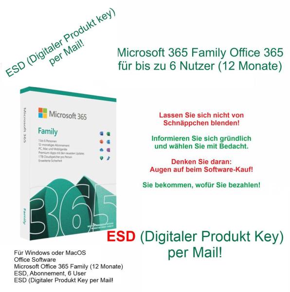 Office-Software Microsoft Office 365 Family ESD, Abonnement, 6 User